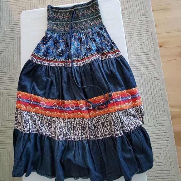 Coco Cabaña Boho Patchwork Skirt with demin dark blue Size M - Picture 3 of 6